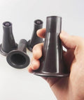 Hand holding sturdy plastic bed frame replacement feet for wheels, dark brown, showing 7/8 inch insert and 2 13/16 inch height.