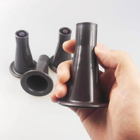 Hand holding sturdy plastic bed frame replacement feet for wheels, dark brown, showing 7/8 inch insert and 2 13/16 inch height.