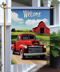 Red Farm Truck Garden Flag 12x18 Inch Double Sided Outdoor Yard Banner featuring vintage pickup with barn and countryside scenery.