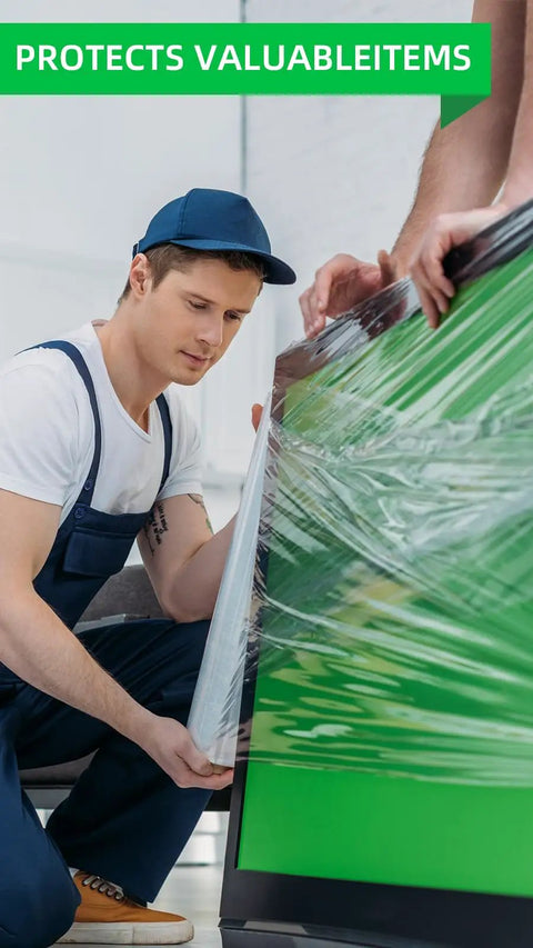 Heavy Duty Stretch Wrap Roll Pro Grade 18-Inch By 1500-Foot Clear Shrink Film for Furniture Moving shown in use by worker.