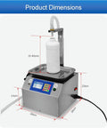 Heavy Duty Digital Liquid Filling Machine With Stainless Steel Housing Straight Up Hella Fast At 13 Liters Per Minute dimensions display with plastic bottle.