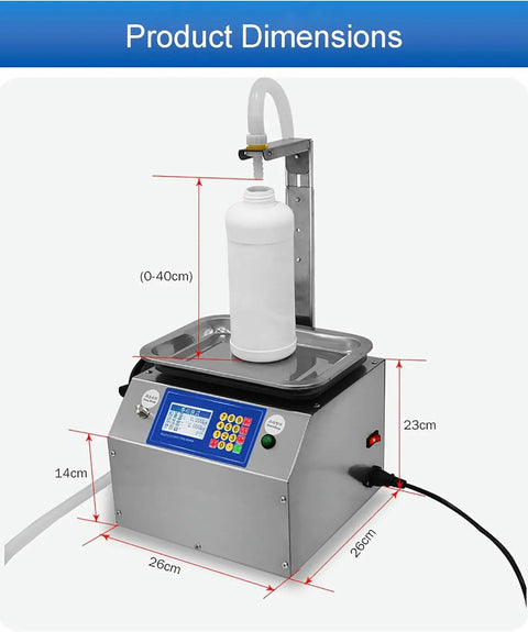 Heavy Duty Digital Liquid Filling Machine With Stainless Steel Housing Straight Up Hella Fast At 13 Liters Per Minute dimensions display with plastic bottle.