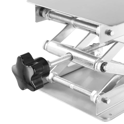 Close-up of Hella Sturdy Stainless Steel Lab Scissor Jacks, 2 Piece Set showing adjustable mechanism and black knob for height control.