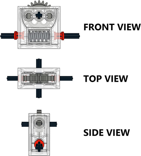 Gearbox assembly, transparent wormbox with visible gears, red bushings, and black axles (front, top, and side views)