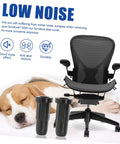 Solid Black Nylon Chair Leg Floor Protectors For Swivel Office Chairs Anti Scratch Furniture Feet Caps next to a sleeping dog.