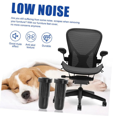 Solid Black Nylon Chair Leg Floor Protectors For Swivel Office Chairs Anti Scratch Furniture Feet Caps next to a sleeping dog.