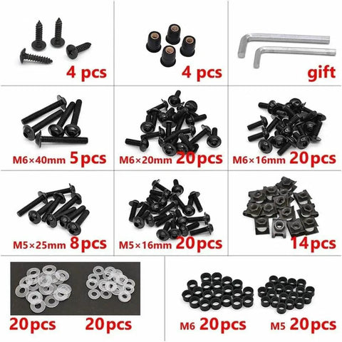Universal Motorcycle Bolts Kit Screws Full Fairing Fasteners with Washers Clips Nuts 177 Pieces displayed in assortments
