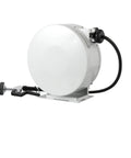 Heavy Duty Hose Reel With Thirty Five Foot Garden Hose And Enclosed Powder Coated Drum For Serious Chore Hustle Easy Wall Mount side view showing hose connection.