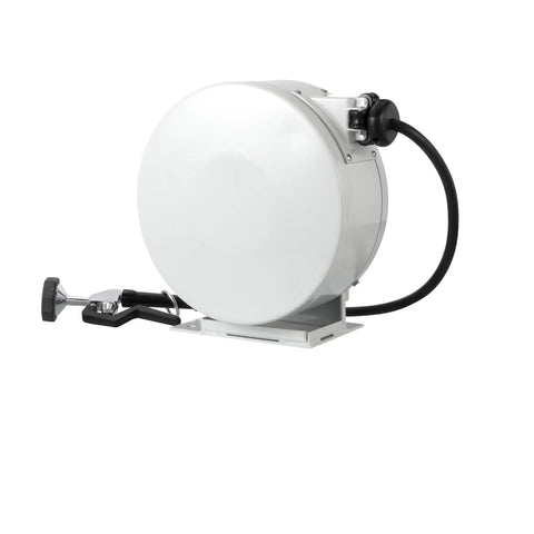 Heavy Duty Hose Reel With Thirty Five Foot Garden Hose And Enclosed Powder Coated Drum For Serious Chore Hustle Easy Wall Mount side view showing hose connection.