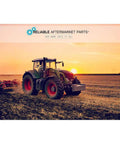Tractor tilling soil in a field at sunset, with Reliable Aftermarket Parts logo in the sky.
