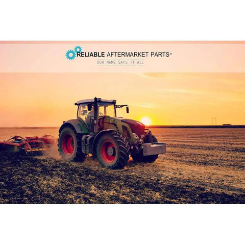 Tractor plowing field at sunset with Reliable Aftermarket Parts logo in the background.