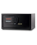 Front view of Hotel Safe 1.2 Cu Ft Black 35 Lb Steel Security Safe with electronic keypad and durable construction.