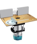 Pro Grade Router Lift And Aluminum Table Insert Plate with miter gauge for precise routing and stability.
