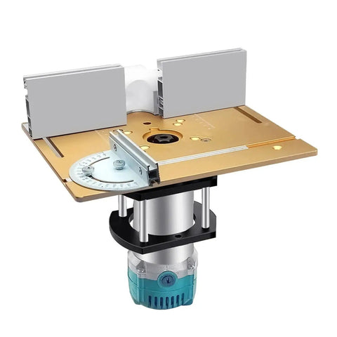 Pro Grade Router Lift And Aluminum Table Insert Plate with miter gauge for precise routing and stability.