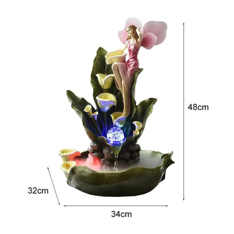 Fairy fountain with pink figurine, green lily leaves, LED light, 48cm tall and 34cm wide