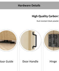 Four Door Bi-Fold Sliding Barn Door Hardware Kit In Rustic Black For Up To 80 Inch Wide Doors, detailed view of floor guide, handle, hinge