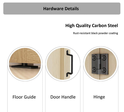 Four Door Bi-Fold Sliding Barn Door Hardware Kit In Rustic Black For Up To 80 Inch Wide Doors, detailed view of floor guide, handle, hinge