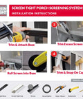 Installation instructions for No Sweat Porch Screening System featuring durable vinyl cap and base rails, 1.5 x 96 inches.