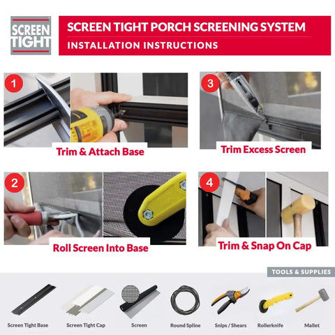 Installation instructions for No Sweat Porch Screening System featuring durable vinyl cap and base rails, 1.5 x 96 inches.