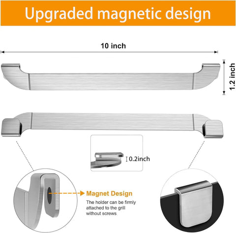 Magnetic Design 10 Inch Griddle Spatula Holder Stainless Steel Tool Rack with magnet ends, shown on flat top griddles and grills.