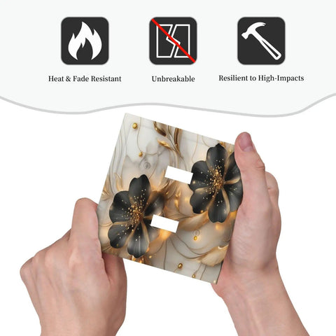 Person holding Ultra Sharp Vintage Black Gold Floral Marble Light Switch Cover Made From Heavy Duty Abs Plastic for double toggle.