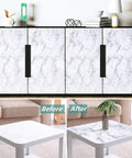 "White Marble Peel And Stick Contact Paper Self Adhesive Wallpaper For Furniture Desks Countertops Cabinets Shelves And Walls Removable DIY Friendly Easy Clean Water Resistant 0.19mm Thick 17 Inches By 240 Inches" applied to cabinets and table for a fresh look