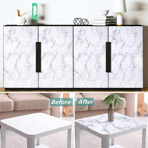 "White Marble Peel And Stick Contact Paper Self Adhesive Wallpaper For Furniture Desks Countertops Cabinets Shelves And Walls Removable DIY Friendly Easy Clean Water Resistant 0.19mm Thick 17 Inches By 240 Inches" applied to cabinets and table for a fresh look