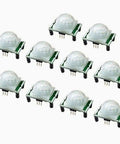 10 Pack HC SR501 PIR Motion Sensor Module For Home Security And Auto Lighting Pyroelectric Infrared Detector Adjustable Delay From 0.3 Seconds To 10 Minutes DC5V To 20V Range Easy DIY Security System Build. View of 10 modules with white dome lenses and green circuit boards.