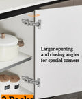 Slam Free 170 Degree Cabinet Hinges Two Pack Full Overlay Heavy Duty Steel Concealed Soft Close Hardware on white cabinet door.