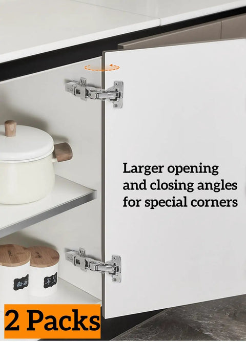 Slam Free 170 Degree Cabinet Hinges Two Pack Full Overlay Heavy Duty Steel Concealed Soft Close Hardware on white cabinet door.