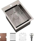 15 Inch Drop In Bar Sink Workstation With Cutting Board 16 Gauge Stainless Steel Wet Bar Sink showing grid and accessories