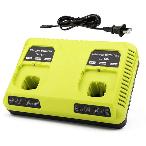 Dual Port 18V Battery Charger for Ryobi Tools that powers two batteries at once, compatible P117 P118, yellow color, front view.