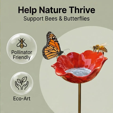Red Metal Flower Garden Stake With Bee Bath And Bird Water Bowl For Pollinator Friendly Yard Decor Weather Resistant Outdoor Garden Art Gift For Bird Lovers Red 5 Pack, close-up view of flower-shaped top, bee and butterfly visible.