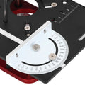 Rock Solid Router Table Base With Manual Lifting Rod And Smooth Height Adjustment Insert Plate showing adjustable angle gauge and steel construction.