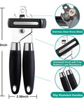 Front view of Multifunctional Stainless Steel Can Opener And Bottle Opener With Easy Turn Knob Heavy Duty Handheld Kitchen Tool For Seniors By Yarmchahk Smooth Edge And Sharp Blade Non Slip Grips Black, showing measurements and features.