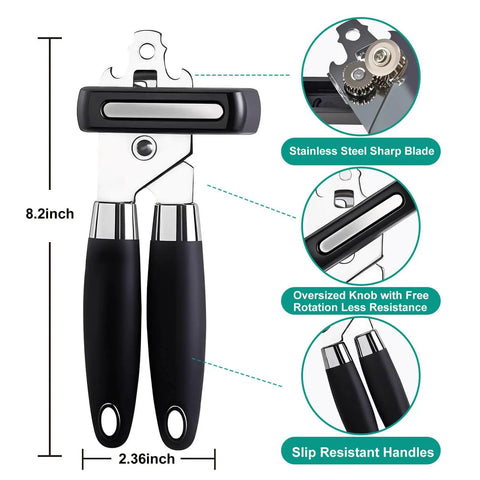 Front view of Multifunctional Stainless Steel Can Opener And Bottle Opener With Easy Turn Knob Heavy Duty Handheld Kitchen Tool For Seniors By Yarmchahk Smooth Edge And Sharp Blade Non Slip Grips Black, showing measurements and features.