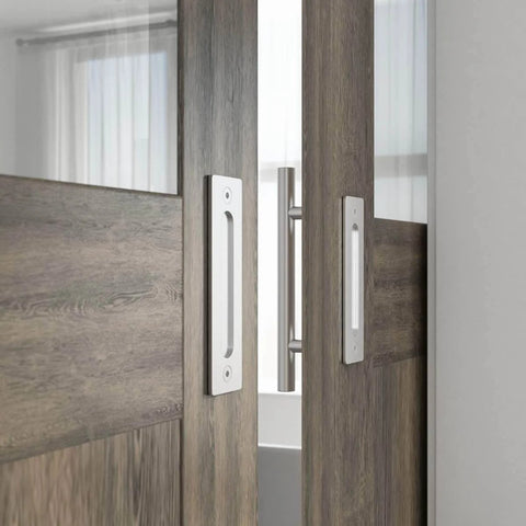 Two Pack 12 Inch Sliding Barn Door Handle Set, Heavy Duty Stainless Steel Flush Pull Hardware, close-up on wood doors