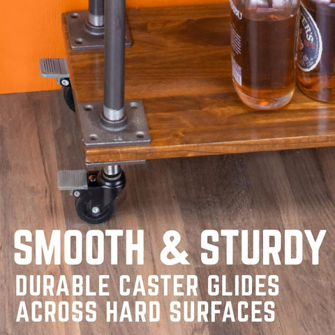 Swivel Caster Wheels For Three Quarter Inch Pipe Four Pack With Locking Mechanism on wooden rack