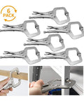 Six Inch Locking C Clamps With Swivel Pads, Heavy Duty Locking Pliers Set, 6 Pack, shown in use gripping wood and metal surfaces.