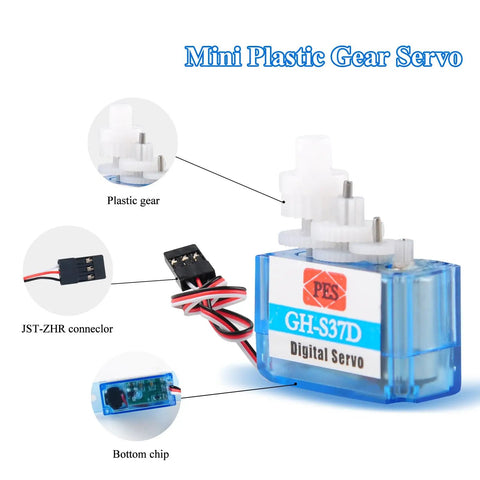 Ultra Lightweight Micro Digital Servo GH S37D Coreless Motor with plastic gears, JST-ZHR connector, and bottom chip view