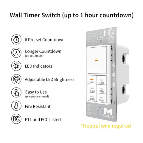 One To Sixty Minute Countdown Light Switch With Adjustable LED Brightness For Bathroom Fans And Heaters, 120VAC Neutral Required