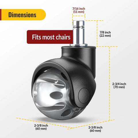 Universal Fit 2 Inch Rubber Office Chair Wheels Replacement Set Of 5 For Carpet And Hardwood Floors, Heavy Duty Casters