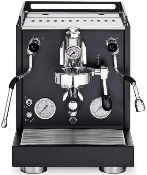 Semi Professional Espresso Machine For Home Use With Electronic Automatic Water Level Anti Vacuum Valve Removable Water Tank Boiler Manometer Black Finish And Temperature Indicator For Precision Brews, front view