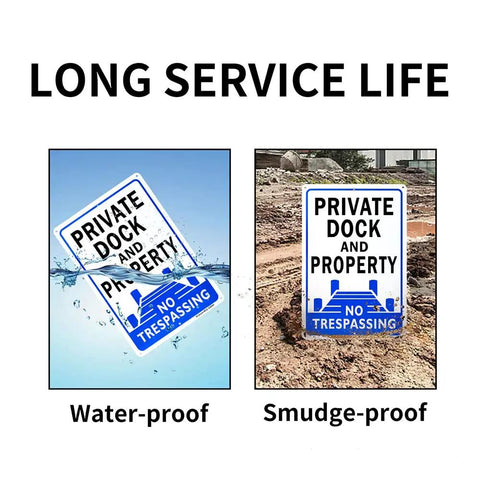 Real Deal Heavy Duty Reflective No Trespassing Sign For Private Dock 12X8 Inch in water and dirt, demonstrating rust proof and weatherproof features.