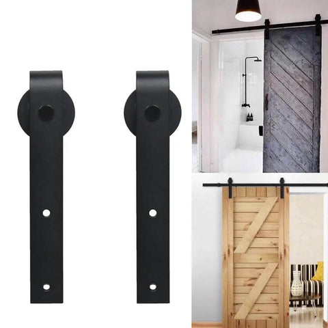 Antique Style Wood Barn Door Hardware Flat Rollers Hangers Black Finish No Sliding Rail with barn doors installed, two design views