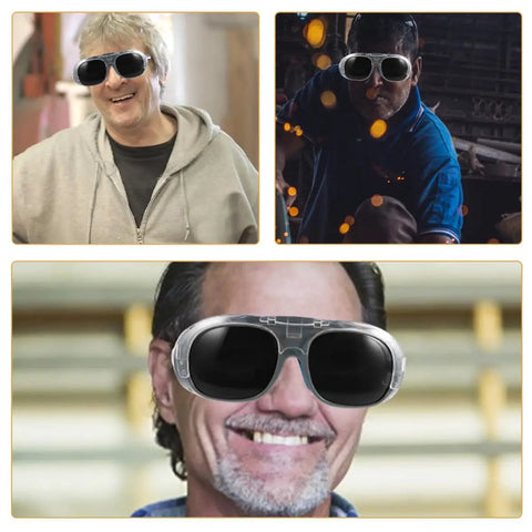 Three men wearing Heavy Duty Welding Glasses With Dust Splash Proof Safety Goggles Featuring Black Gray Lens For Enhanced Visibility.