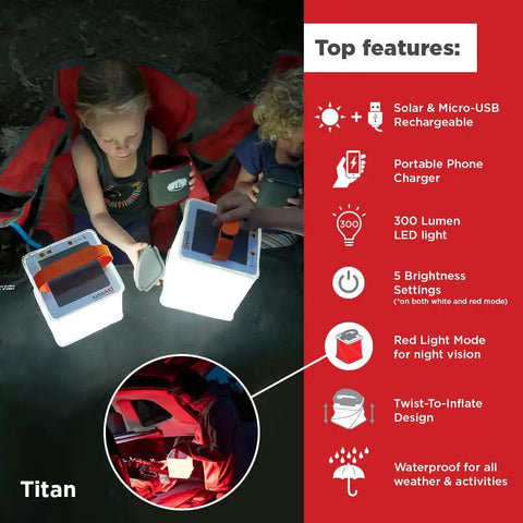 Kids using 2 In 1 Solar Camping Lantern And Phone Charger With 300 Lumens Of Bright LED Light, Red Night Mode, Inflatable Lamp