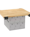 64 Inch Heavy Duty Workbench With Four Adjustable Bench Vises And Twelve Vertical Storage Lockers Top Shelf Maple Hardwood with gray steel base.