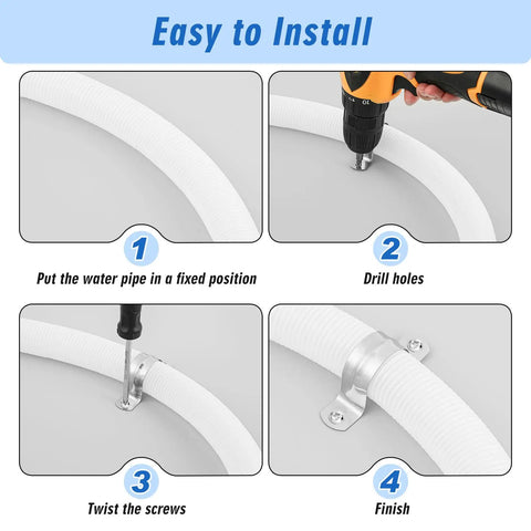 Installation steps for 100 Pack 1 Inch Opening Stainless Steel Conduit Clamps 304 2 Hole U Brackets on white pipe