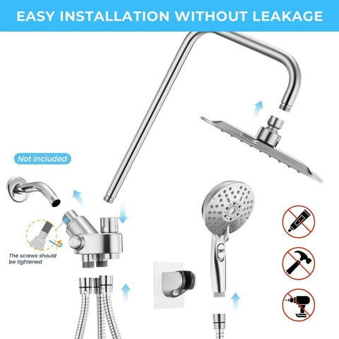 Dual Shower Head System With 8 Inch Rain Shower Head And Handheld Showerhead, product parts, chrome finish, installation guide.